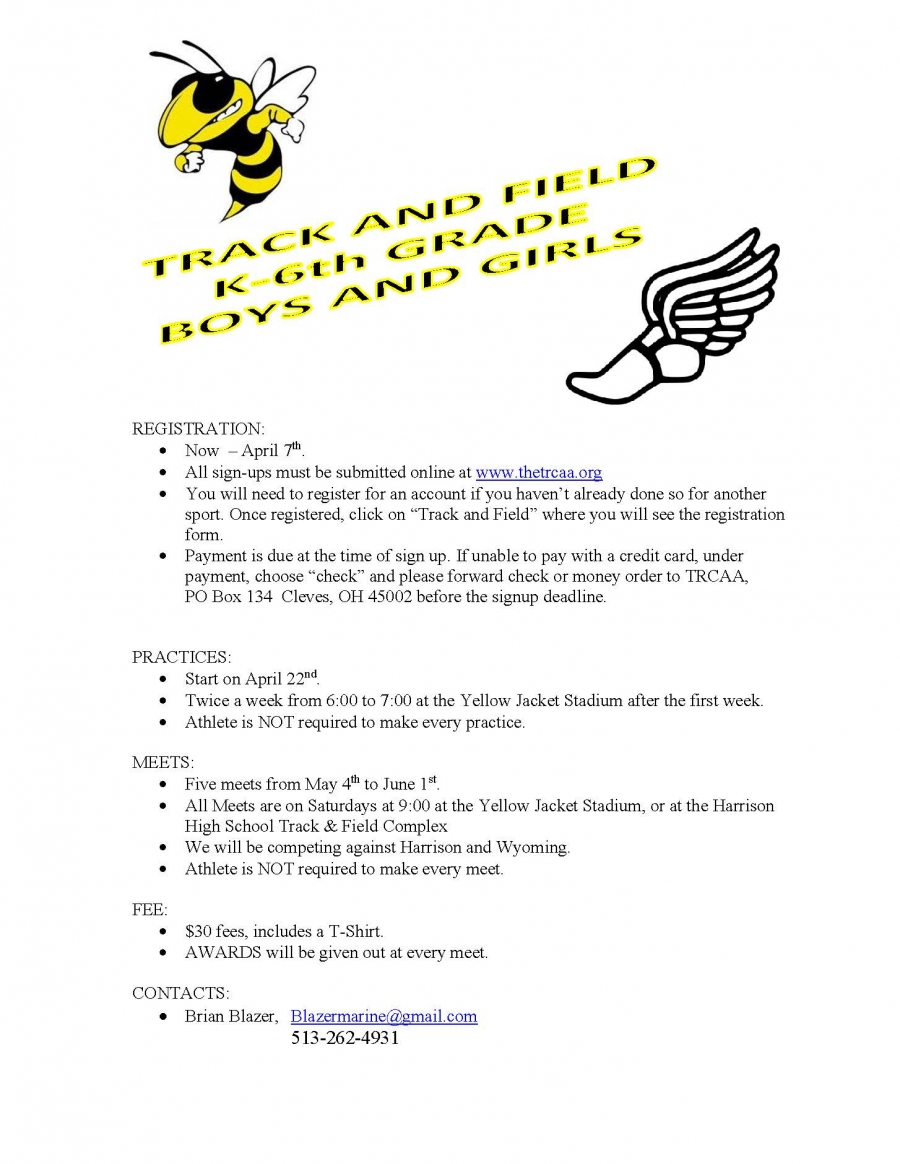 Track and Field Registration for grades K-6